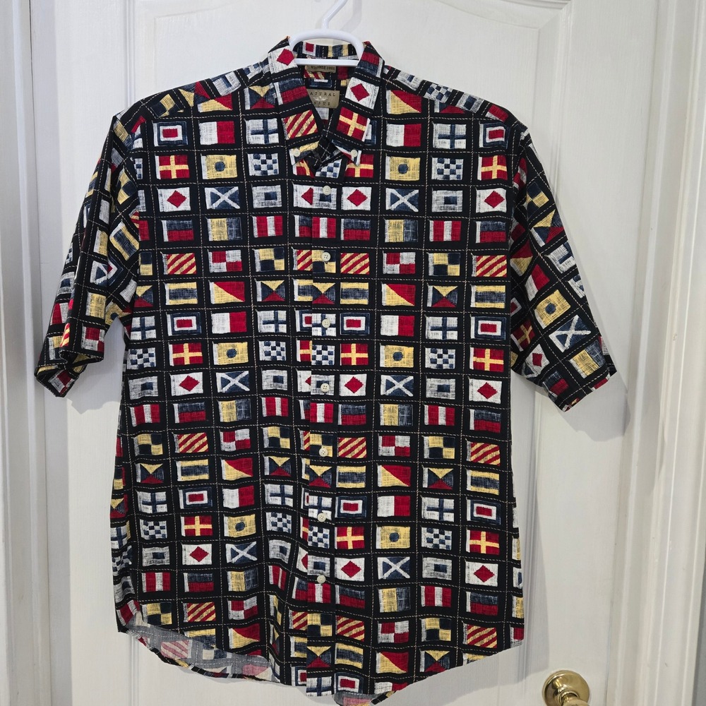 Natural Issue Button Down Shirt VTG Mens L Black Nautical Flag Print sailing